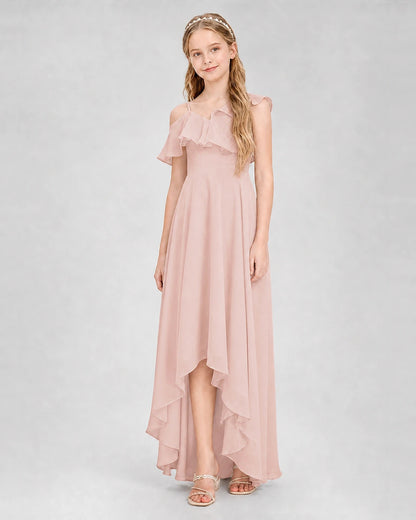 Dideyttawl Cold Shoulder Ruffle High-Low Junior Bridesmaid Dress