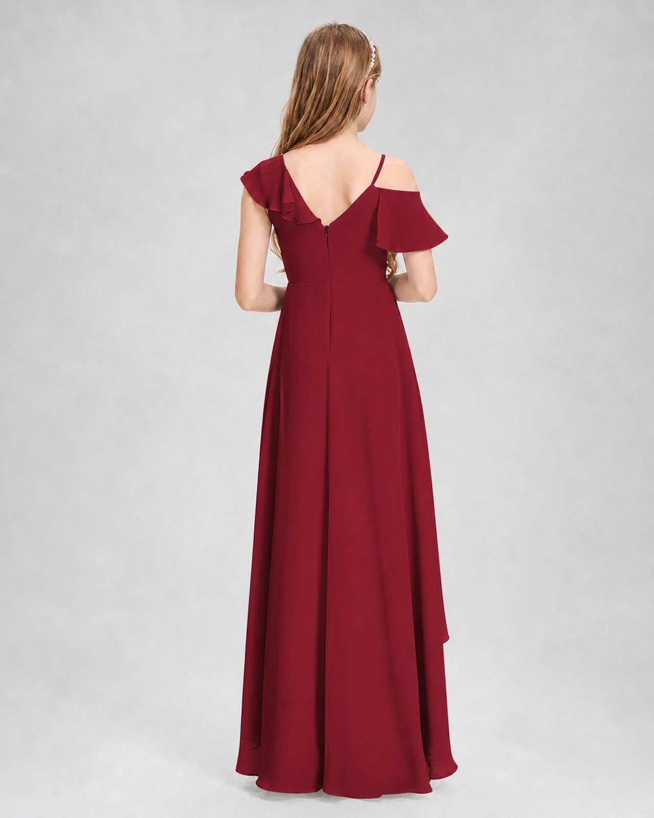 Dideyttawl Cold Shoulder Ruffle High-Low Junior Bridesmaid Dress