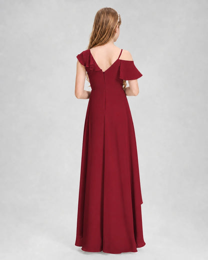 Dideyttawl Cold Shoulder Ruffle High-Low Junior Bridesmaid Dress