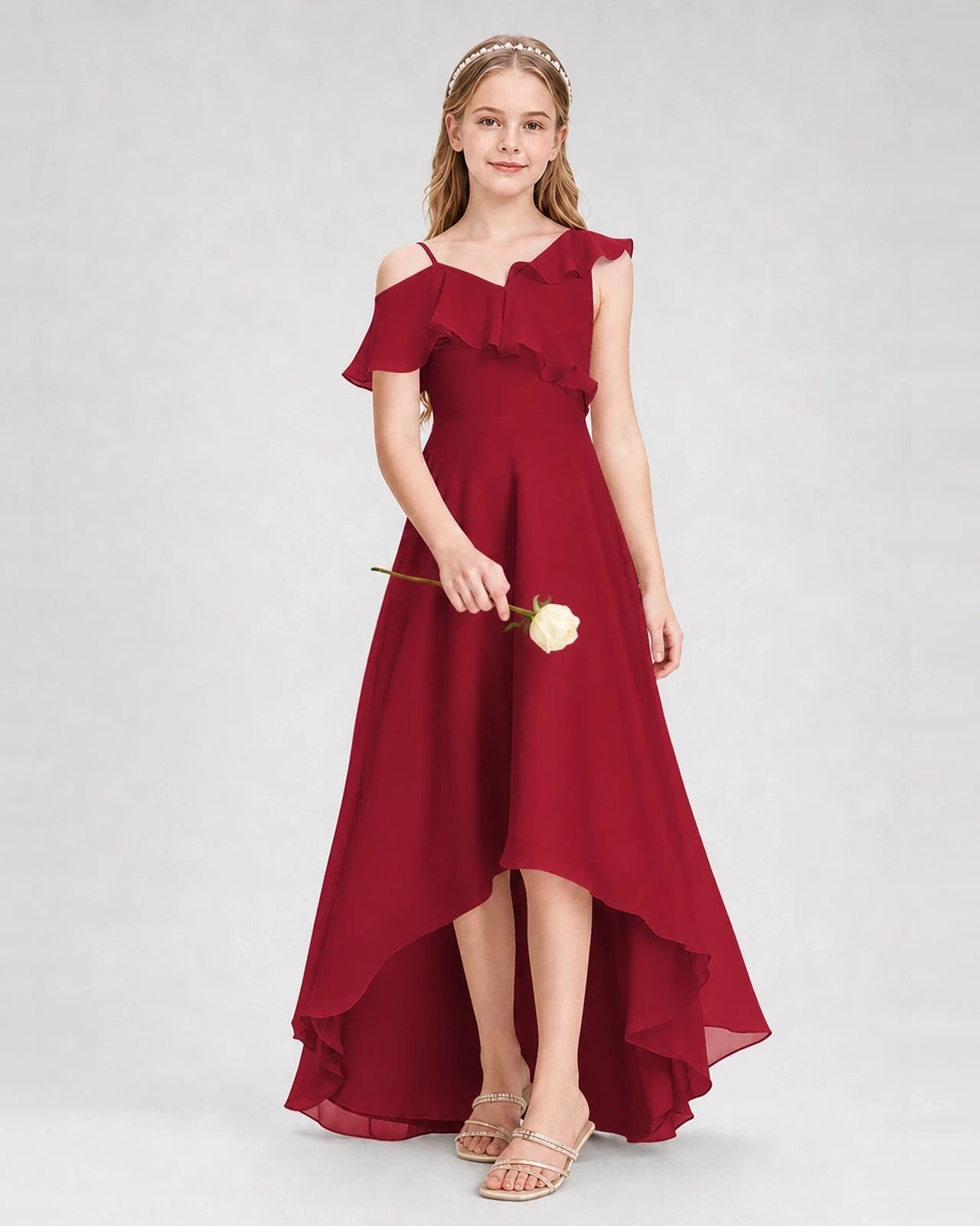 Dideyttawl Cold Shoulder Ruffle High-Low Junior Bridesmaid Dress