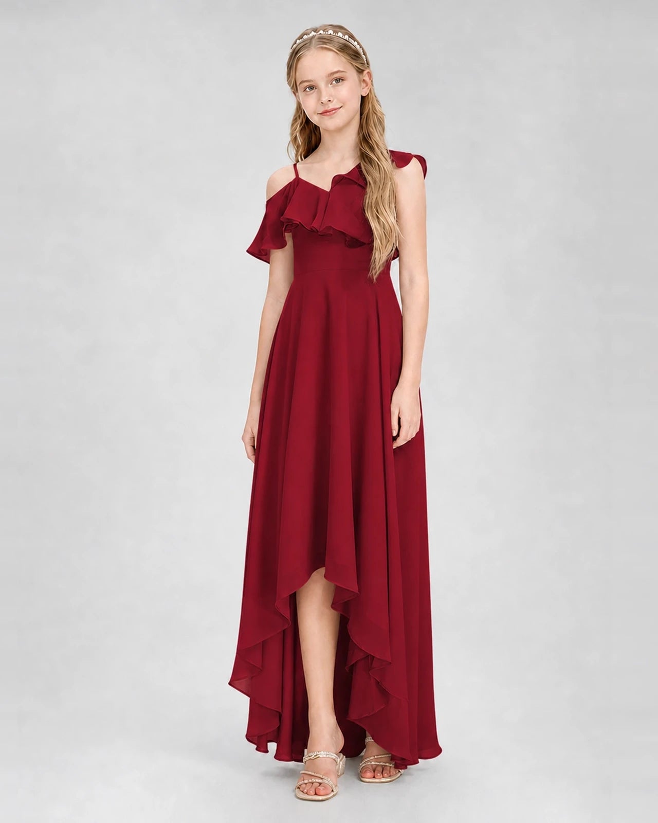 Dideyttawl Cold Shoulder Ruffle High-Low Junior Bridesmaid Dress