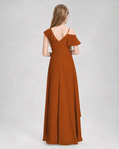 Dideyttawl Cold Shoulder Ruffle High-Low Junior Bridesmaid Dress