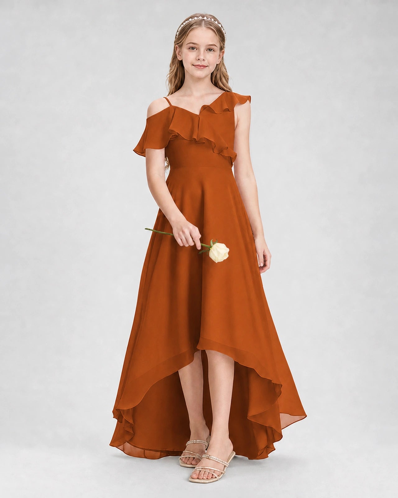 Dideyttawl Cold Shoulder Ruffle High-Low Junior Bridesmaid Dress