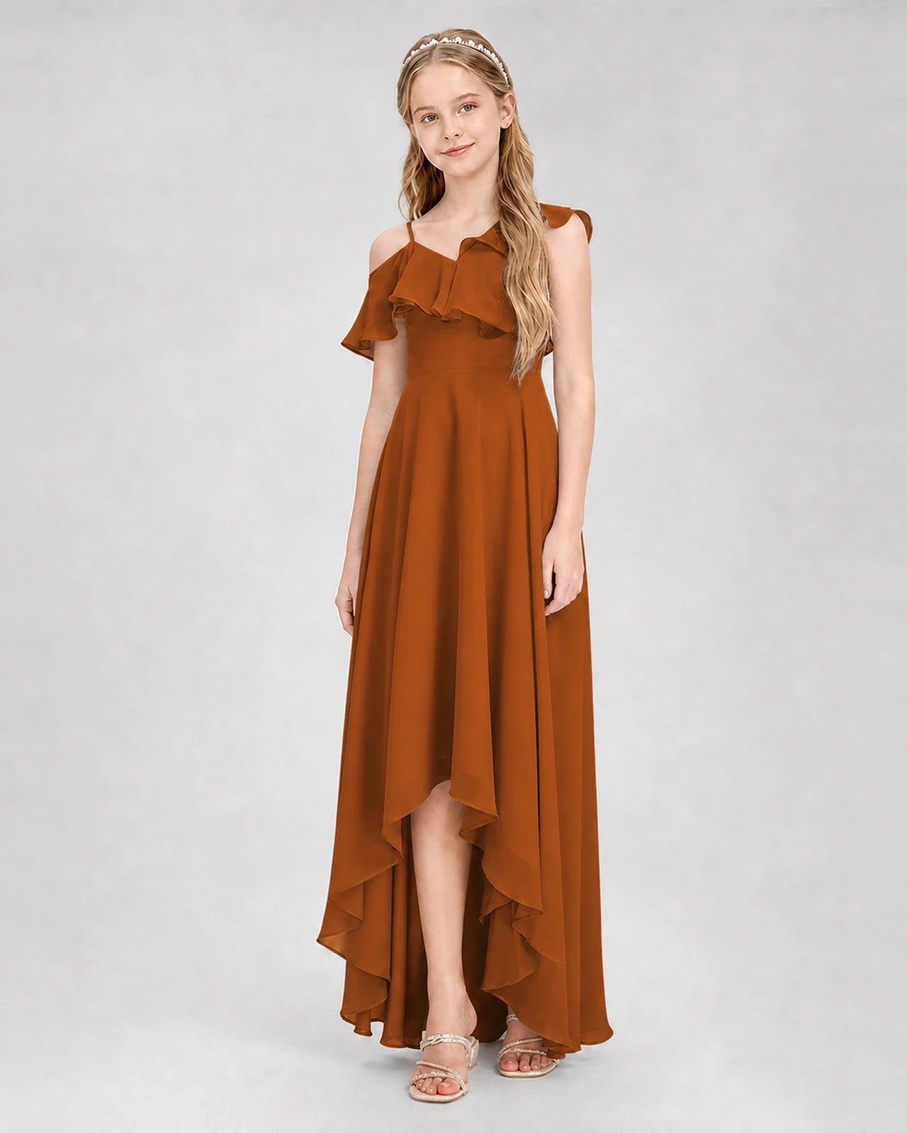 Dideyttawl Cold Shoulder Ruffle High-Low Junior Bridesmaid Dress