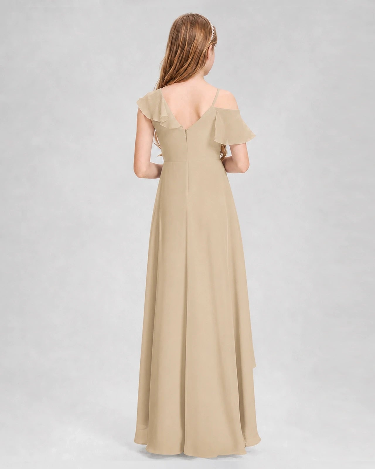Dideyttawl Cold Shoulder Ruffle High-Low Junior Bridesmaid Dress