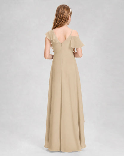 Dideyttawl Cold Shoulder Ruffle High-Low Junior Bridesmaid Dress