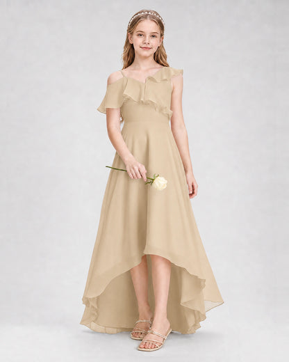 Dideyttawl Cold Shoulder Ruffle High-Low Junior Bridesmaid Dress