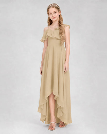 Dideyttawl Cold Shoulder Ruffle High-Low Junior Bridesmaid Dress