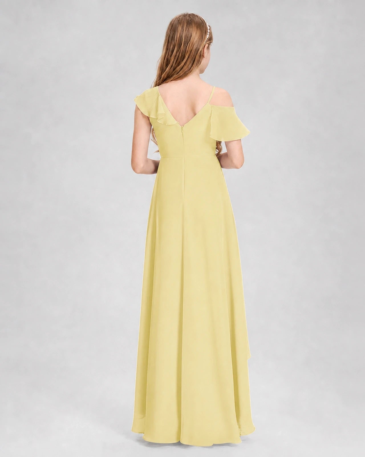 Dideyttawl Cold Shoulder Ruffle High-Low Junior Bridesmaid Dress
