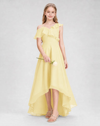 Dideyttawl Cold Shoulder Ruffle High-Low Junior Bridesmaid Dress
