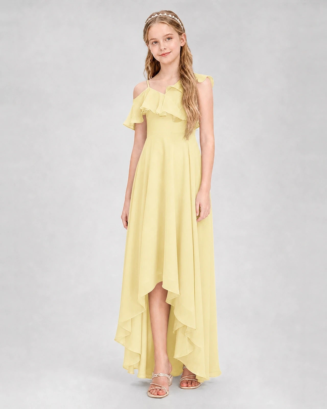 Dideyttawl Cold Shoulder Ruffle High-Low Junior Bridesmaid Dress