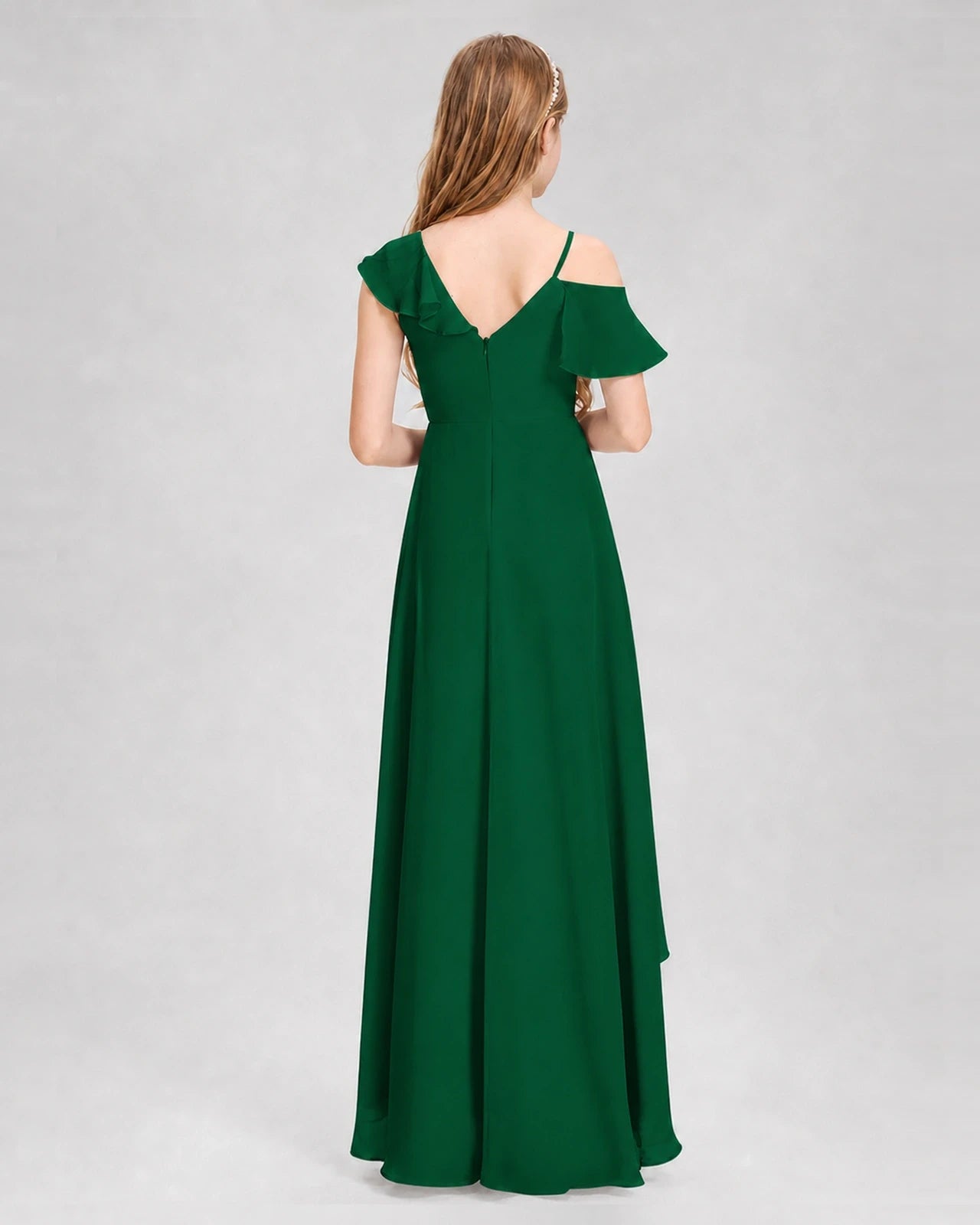 Dideyttawl Cold Shoulder Ruffle High-Low Junior Bridesmaid Dress