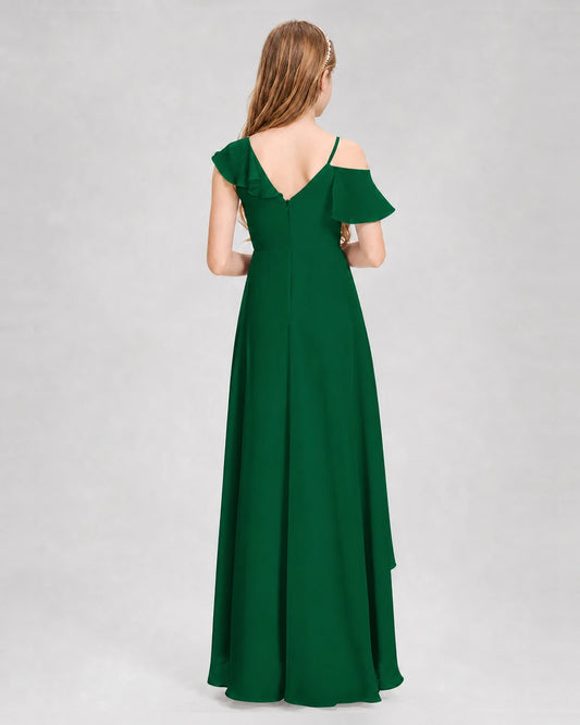 Dark Green Chiffon Cold Shoulder A-Line Junior Bridesmaid Dresses Back View