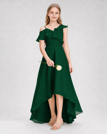 Dideyttawl Cold Shoulder Ruffle High-Low Junior Bridesmaid Dress