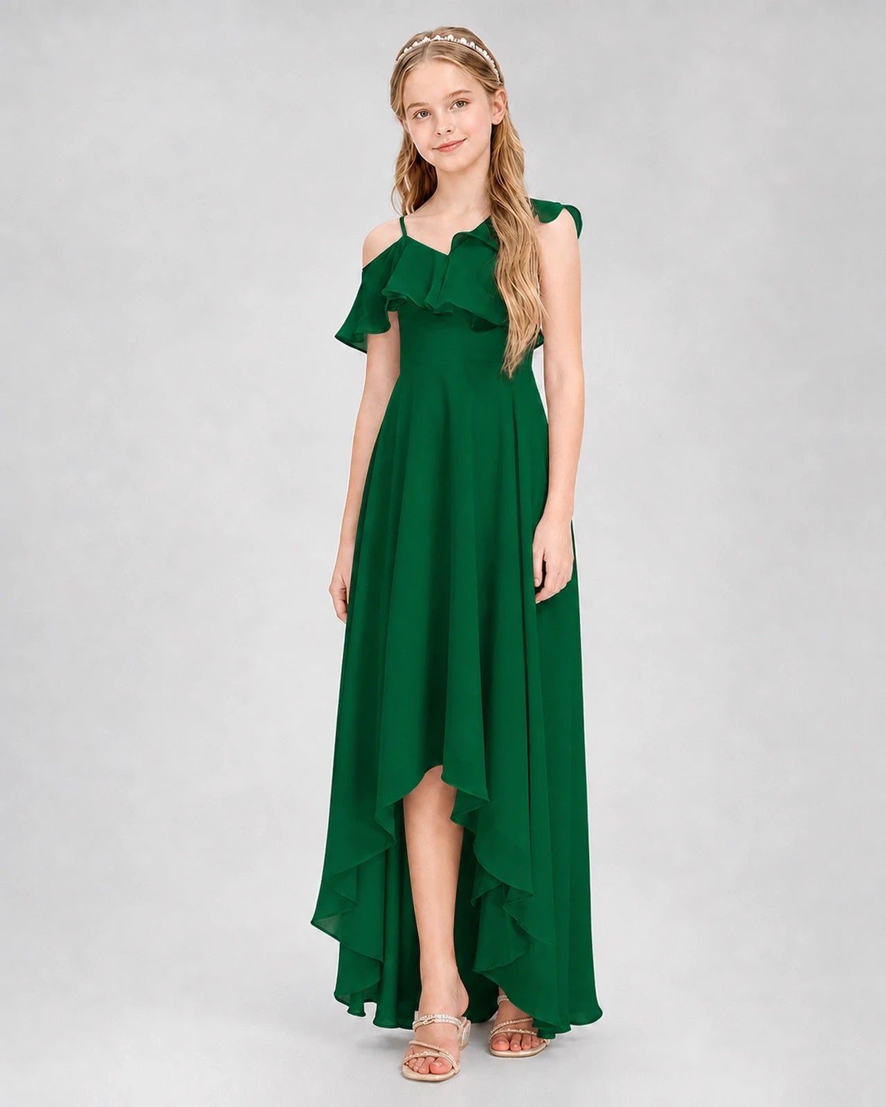 Dideyttawl Cold Shoulder Ruffle High-Low Junior Bridesmaid Dress