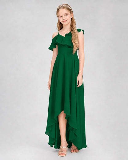 Dideyttawl Cold Shoulder Ruffle High-Low Junior Bridesmaid Dress