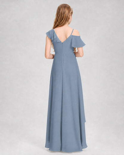 Dideyttawl Cold Shoulder Ruffle High-Low Junior Bridesmaid Dress