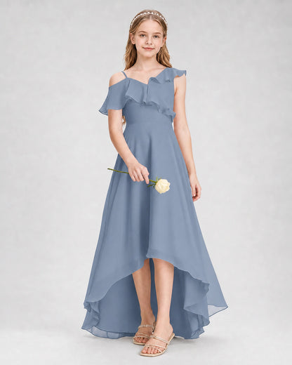Dideyttawl Cold Shoulder Ruffle High-Low Junior Bridesmaid Dress