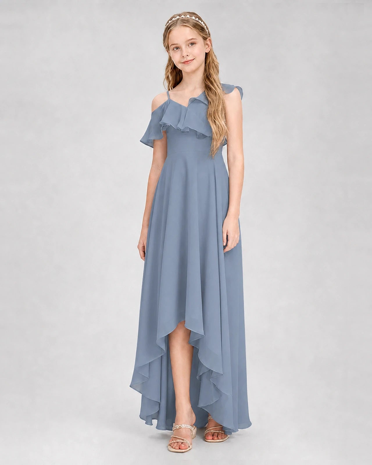 Dideyttawl Cold Shoulder Ruffle High-Low Junior Bridesmaid Dress