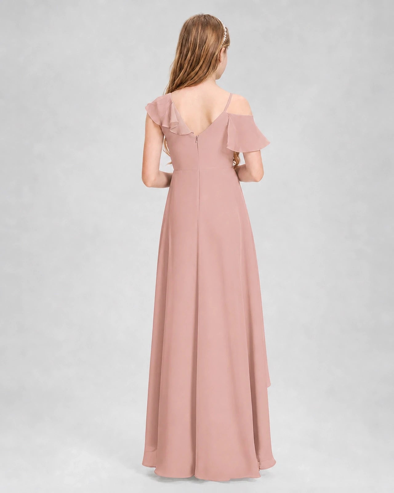 Dideyttawl Cold Shoulder Ruffle High-Low Junior Bridesmaid Dress