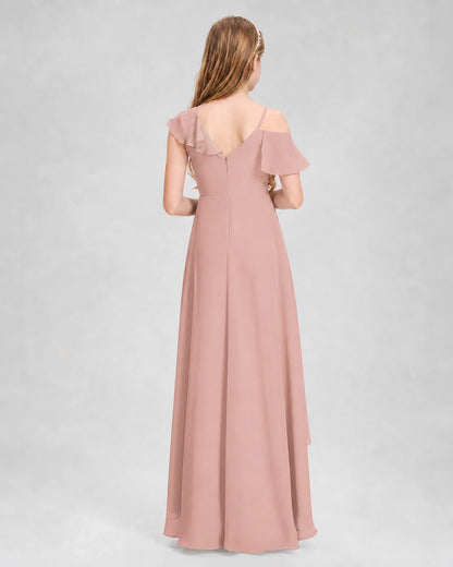 Dideyttawl Cold Shoulder Ruffle High-Low Junior Bridesmaid Dress