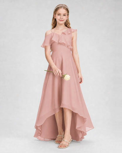 Dideyttawl Cold Shoulder Ruffle High-Low Junior Bridesmaid Dress