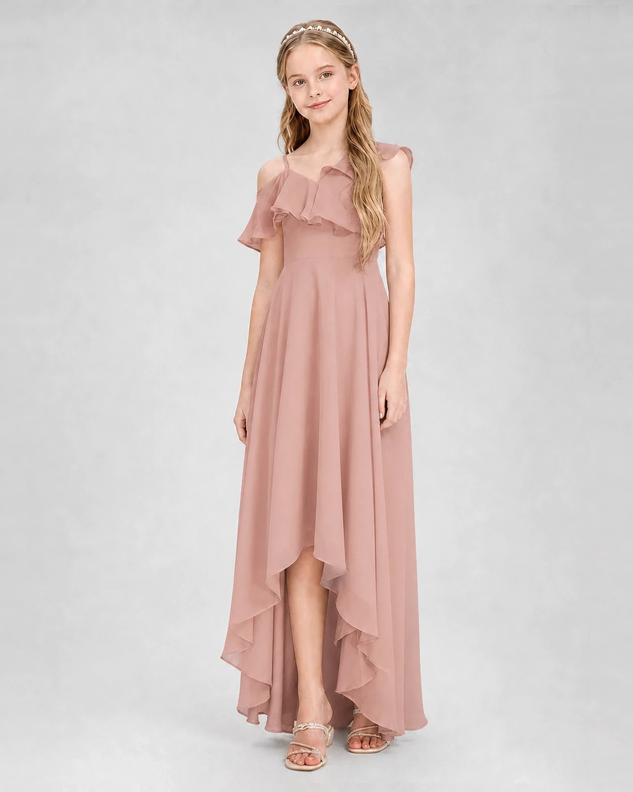 Dideyttawl Cold Shoulder Ruffle High-Low Junior Bridesmaid Dress