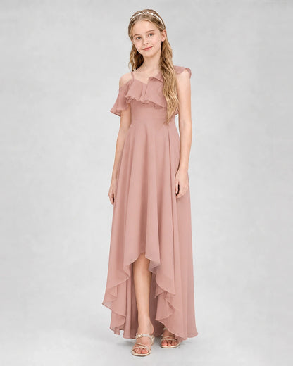 Dideyttawl Cold Shoulder Ruffle High-Low Junior Bridesmaid Dress