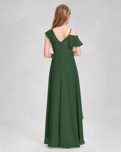 Dideyttawl Cold Shoulder Ruffle High-Low Junior Bridesmaid Dress