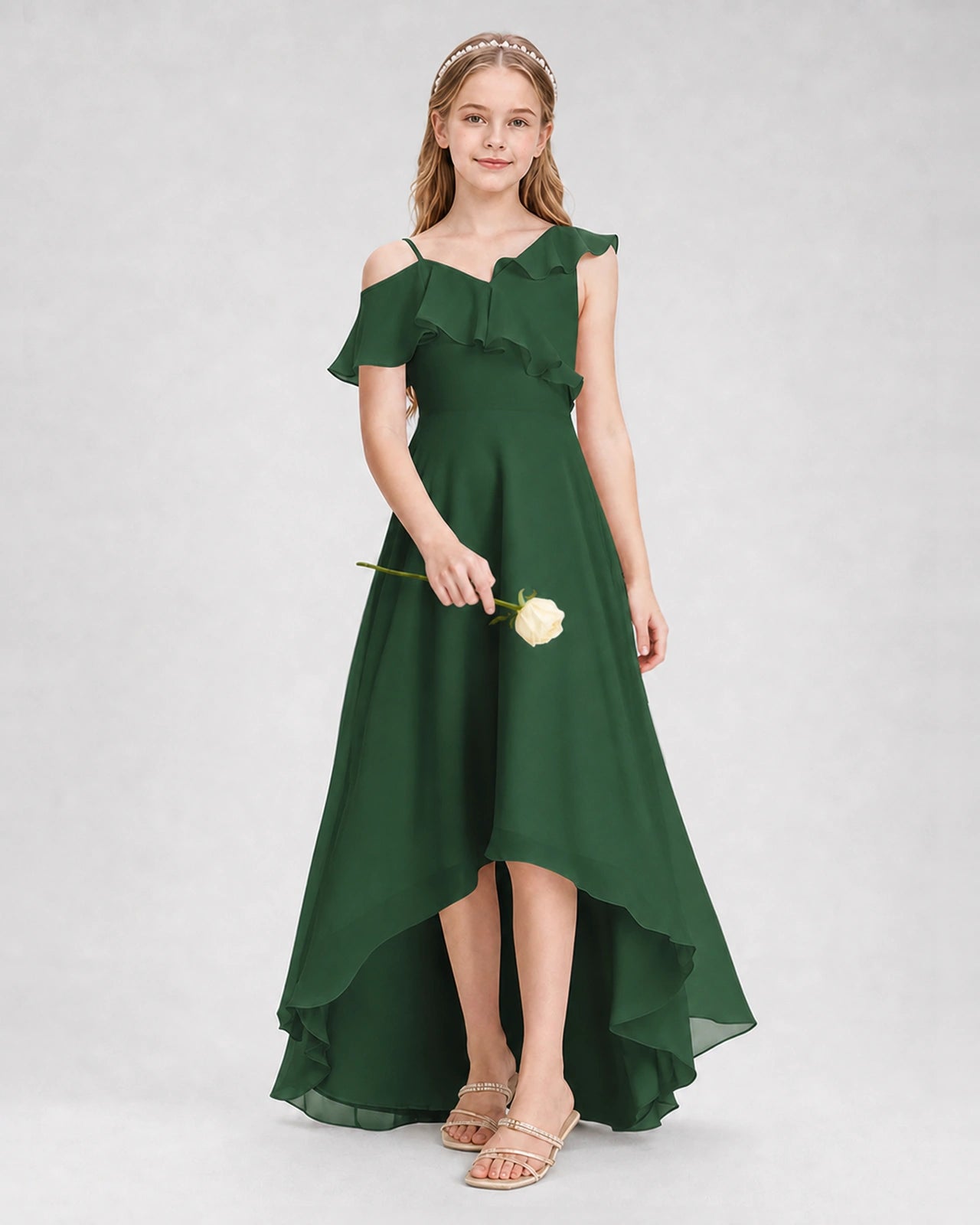 Dideyttawl Cold Shoulder Ruffle High-Low Junior Bridesmaid Dress