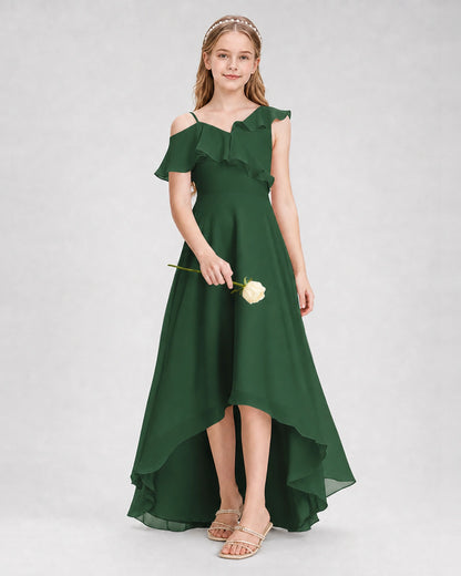 Dideyttawl Cold Shoulder Ruffle High-Low Junior Bridesmaid Dress