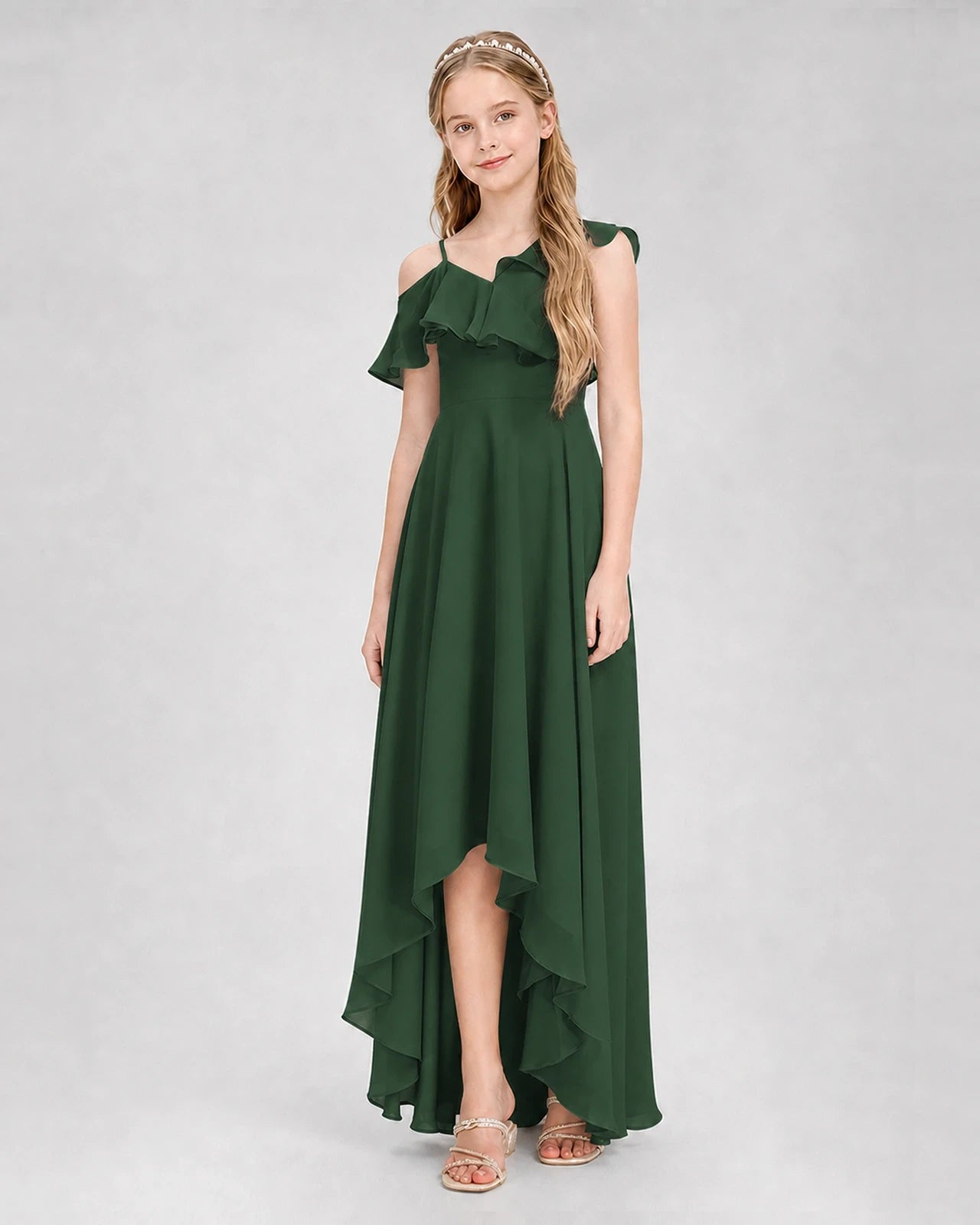 Dideyttawl Cold Shoulder Ruffle High-Low Junior Bridesmaid Dress