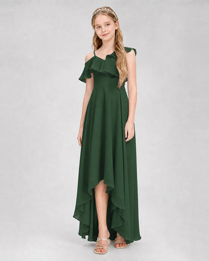 Dideyttawl Cold Shoulder Ruffle High-Low Junior Bridesmaid Dress