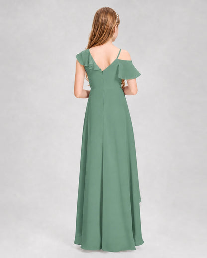 Dideyttawl Cold Shoulder Ruffle High-Low Junior Bridesmaid Dress