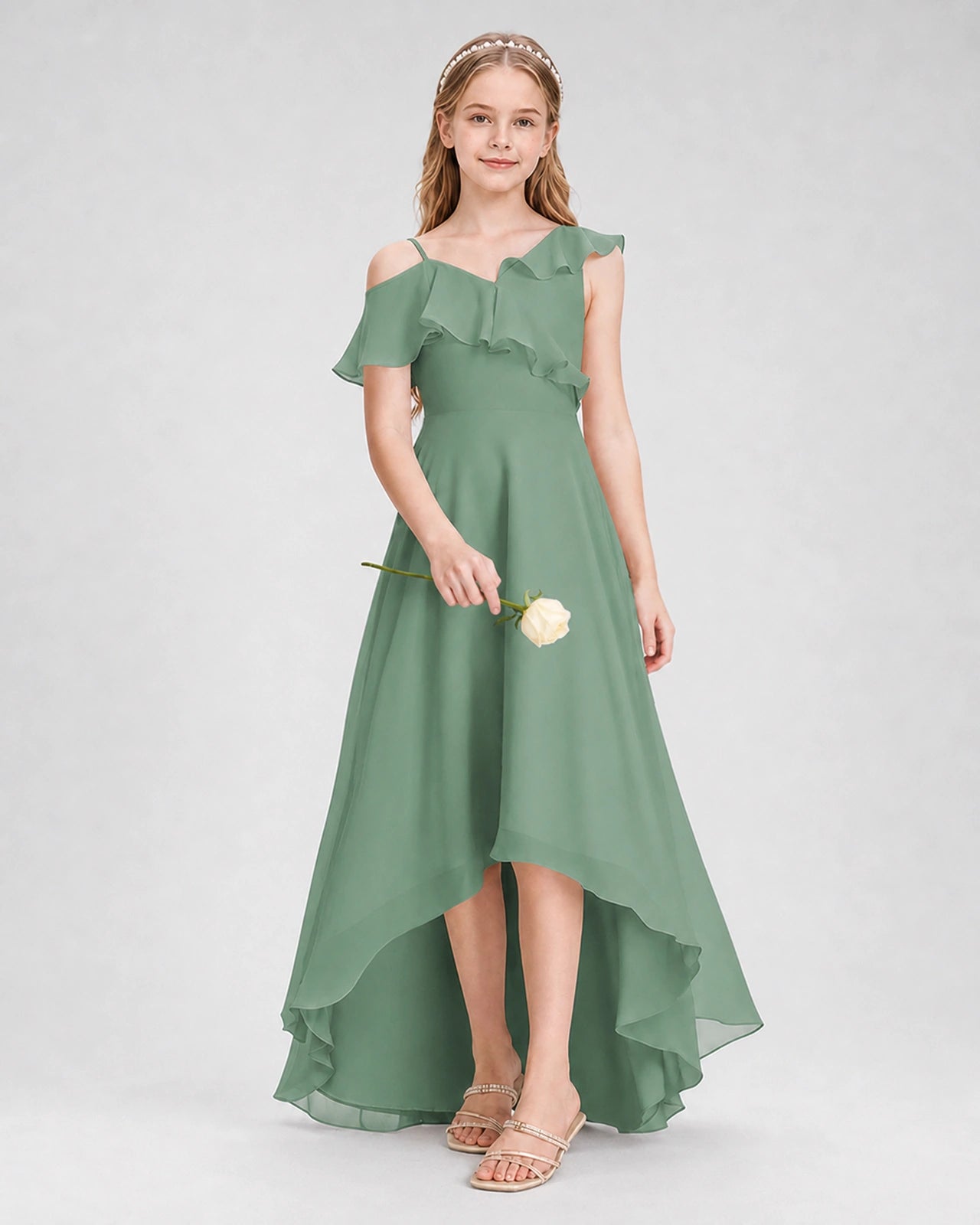 Dideyttawl Cold Shoulder Ruffle High-Low Junior Bridesmaid Dress