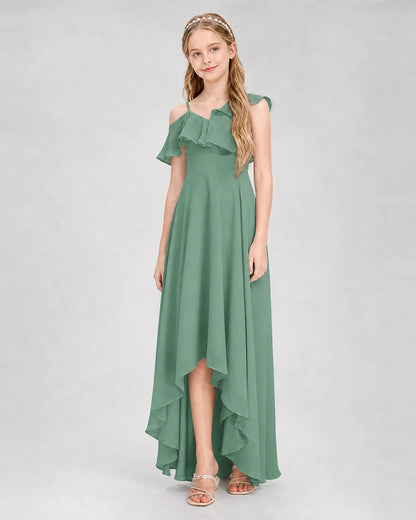Dideyttawl Cold Shoulder Ruffle High-Low Junior Bridesmaid Dress