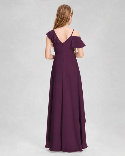Dideyttawl Cold Shoulder Ruffle High-Low Junior Bridesmaid Dress