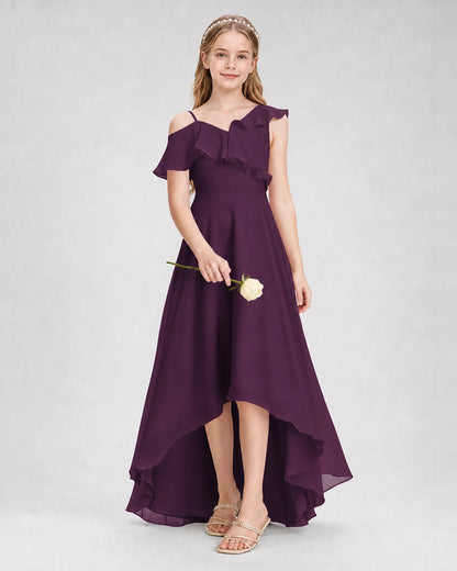 Dideyttawl Cold Shoulder Ruffle High-Low Junior Bridesmaid Dress