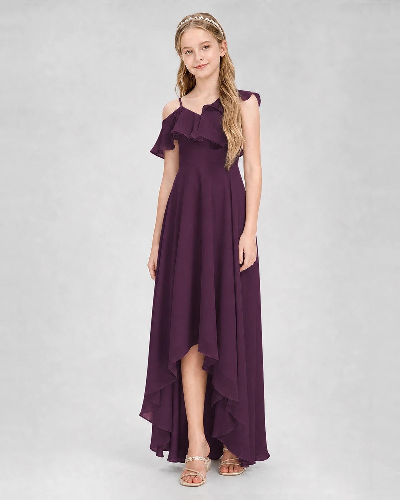 Dideyttawl Cold Shoulder Ruffle High-Low Junior Bridesmaid Dress