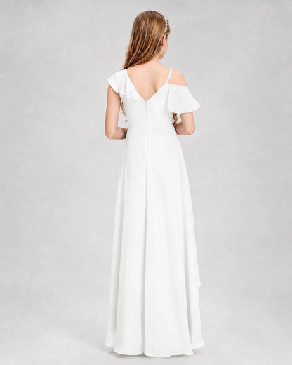 Dideyttawl Cold Shoulder Ruffle High-Low Junior Bridesmaid Dress