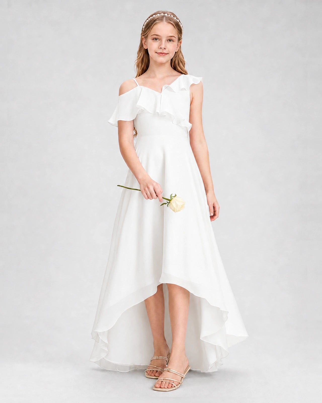Dideyttawl Cold Shoulder Ruffle High-Low Junior Bridesmaid Dress