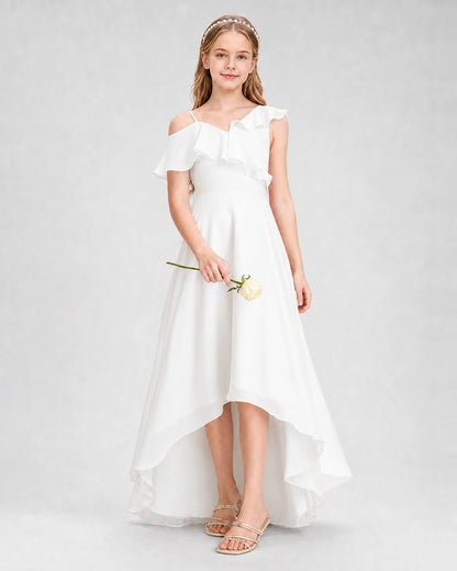 Dideyttawl Cold Shoulder Ruffle High-Low Junior Bridesmaid Dress