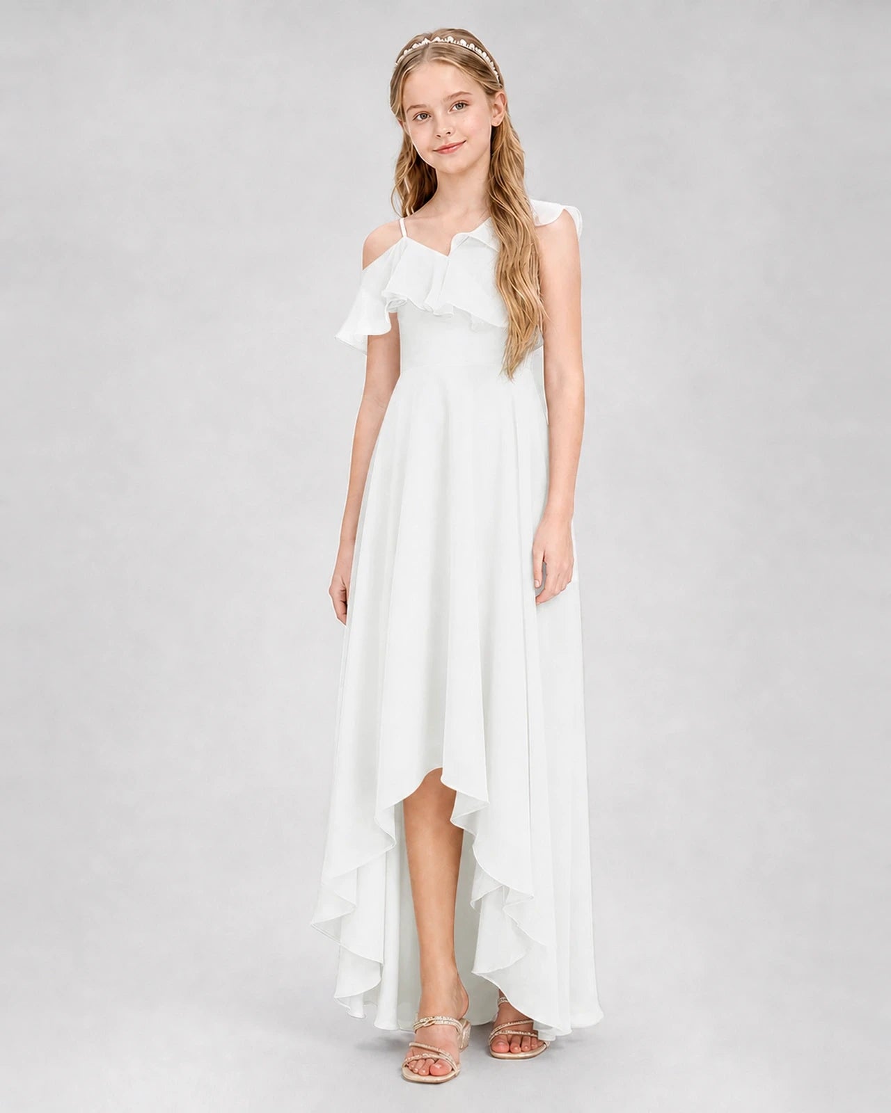 Dideyttawl Cold Shoulder Ruffle High-Low Junior Bridesmaid Dress