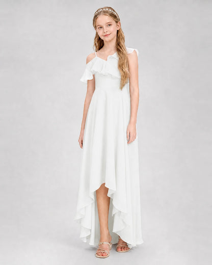 Dideyttawl Cold Shoulder Ruffle High-Low Junior Bridesmaid Dress