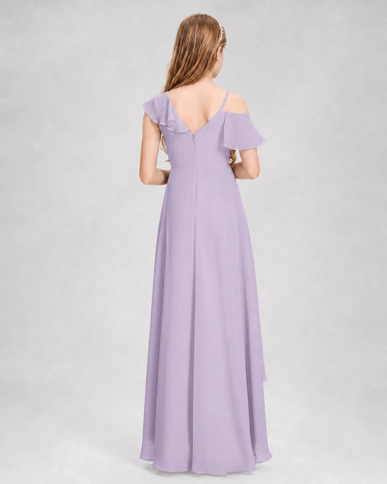 Dideyttawl Cold Shoulder Ruffle High-Low Junior Bridesmaid Dress