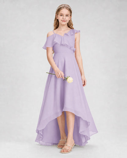 Dideyttawl Cold Shoulder Ruffle High-Low Junior Bridesmaid Dress