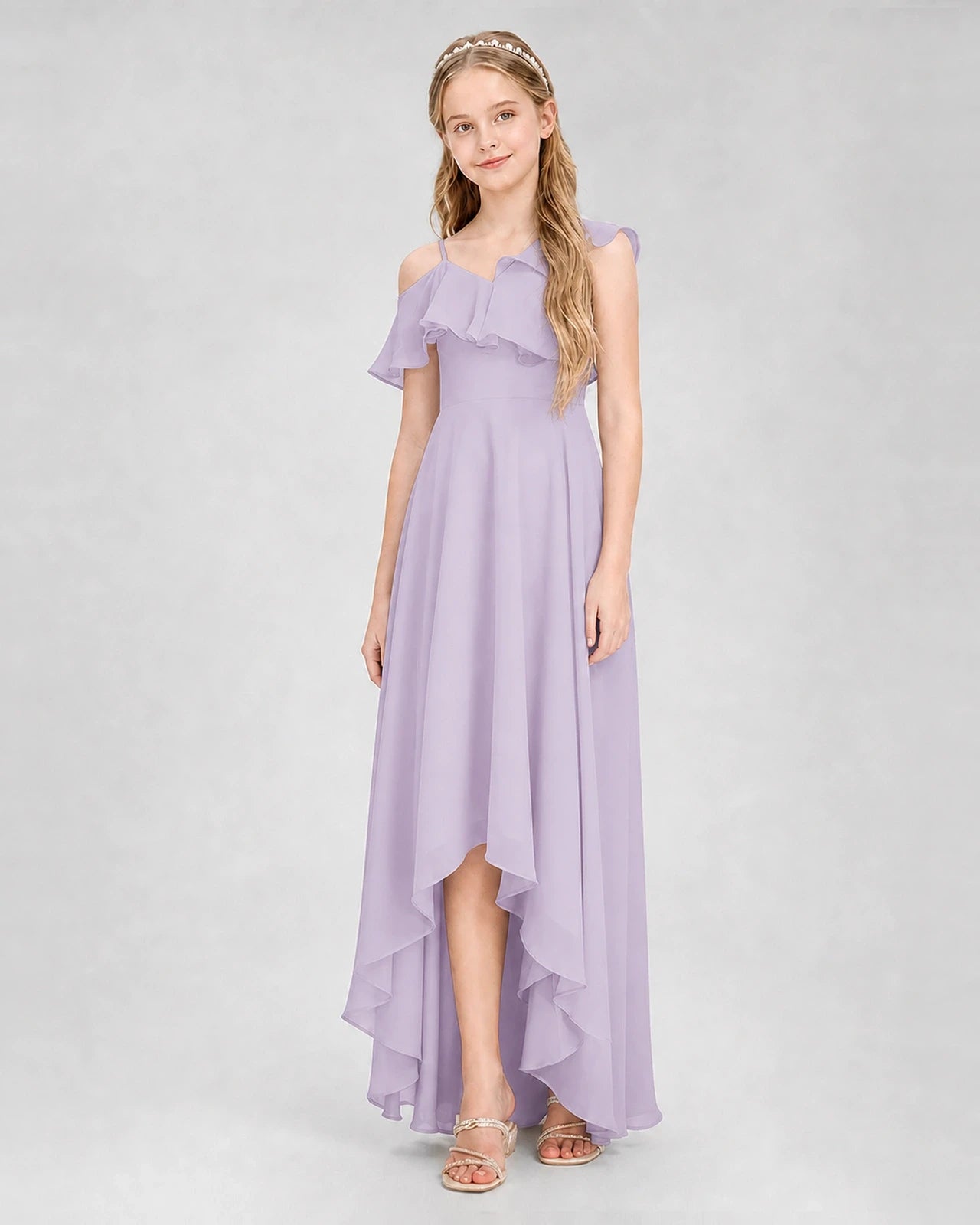 Dideyttawl Cold Shoulder Ruffle High-Low Junior Bridesmaid Dress