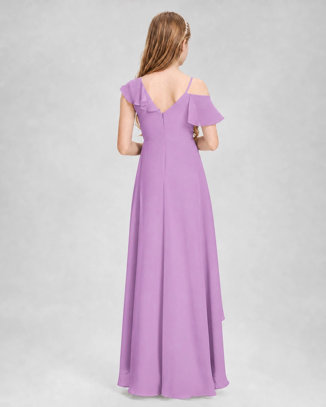 Dideyttawl Cold Shoulder Ruffle High-Low Junior Bridesmaid Dress