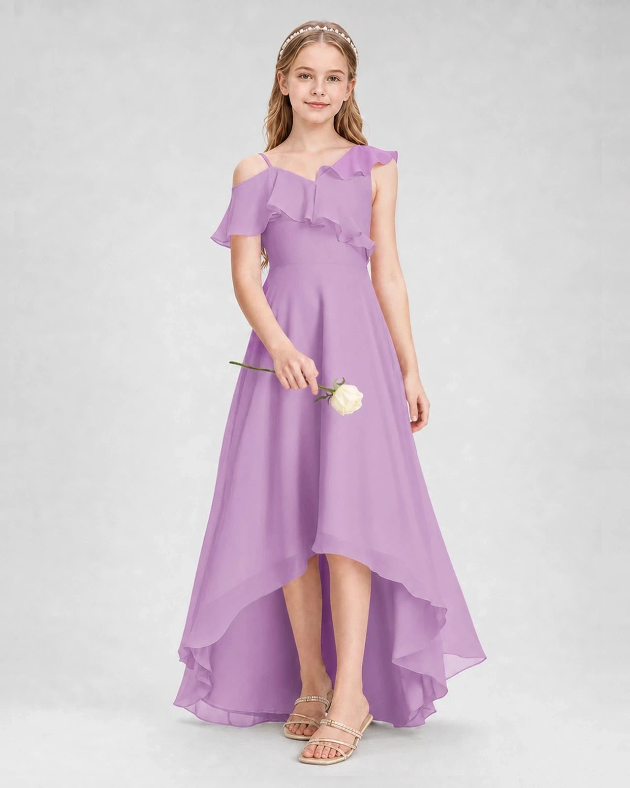 Dideyttawl Cold Shoulder Ruffle High-Low Junior Bridesmaid Dress