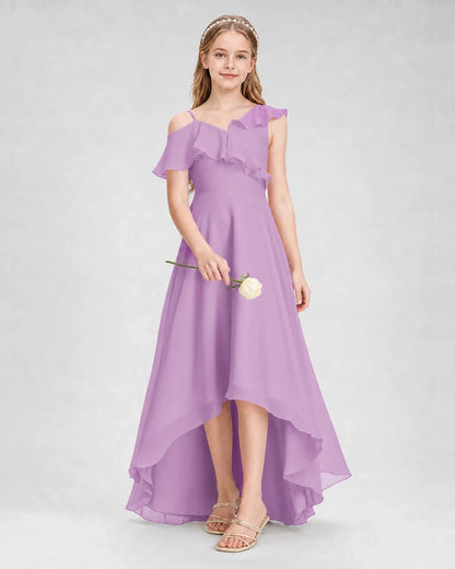 Dideyttawl Cold Shoulder Ruffle High-Low Junior Bridesmaid Dress